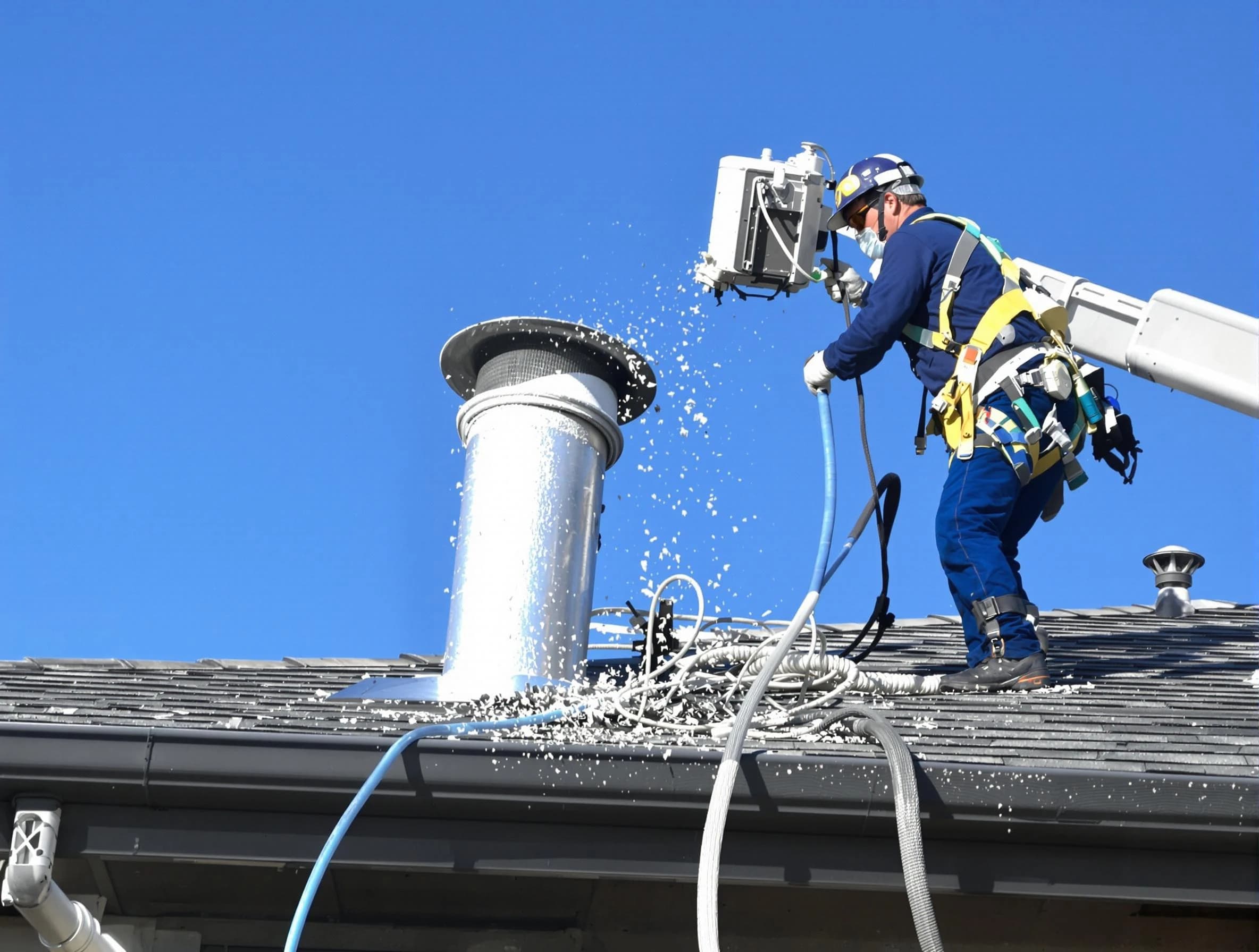 Montrose Dryer Vent Cleaning certified technician safely cleaning a roof-mounted dryer vent in Montrose